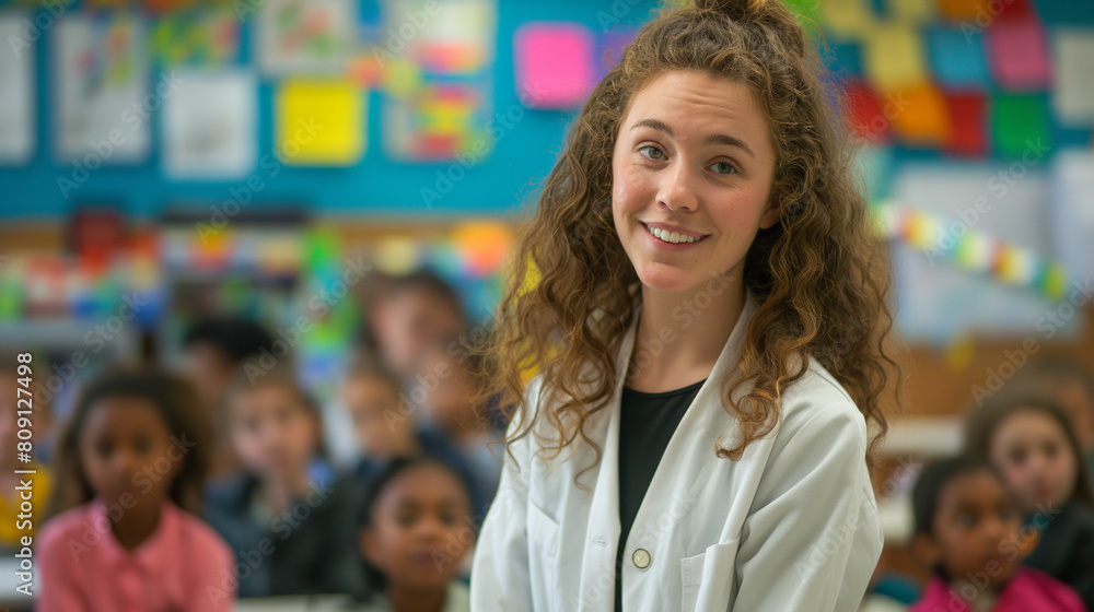 Amidst the vibrant energy of the classroom, a young teacher stands with passion, her excitement palpable as she prepares to engage her students in an interactive and immersive lear