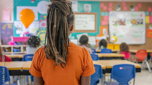 Amidst the hustle and bustle of the classroom, a young teacher stands ready, her commitment unwavering as she prepares to guide her students through a day of learning and growth, n
