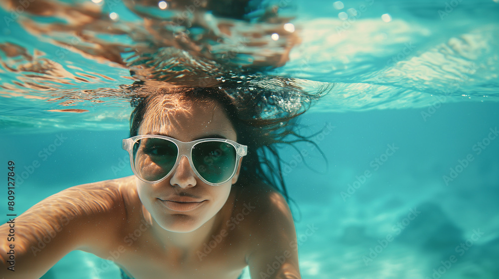 Beneath the tranquil surface of the sea, a woman swims with effortless grace, her sunglasses perched atop her nose as she explores the hidden treasures of the ocean depths, her smi