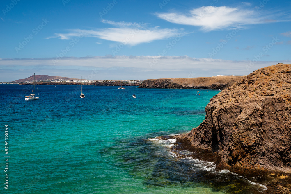 Playa de Papagayo beach turquoise water paradise, Playa Blanca, Lanzarote, Canary Islands, Spain