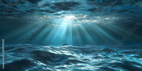 Realistic underwater view of deep blue ocean with sun beam. Concept Underwater Photography, Deep Blue Ocean, Sun Beam, Realistic View