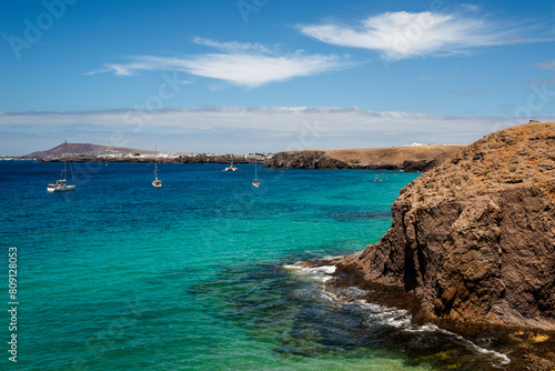 Playa de Papagayo beach turquoise water paradise, Playa Blanca, Lanzarote, Canary Islands, Spain
