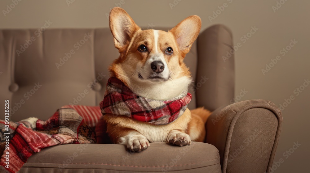 A Corgi looks cozy and content wrapped in a stylish scarf, resting on a comfortable couch A Corgi looks cozy and content wrapped in a stylish scarf, resting on a comfortable couch