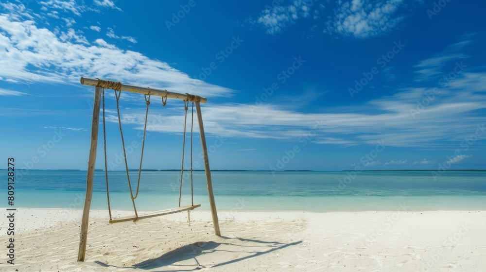 Serene beach scene with a swing over clear blue water, great for travel and leisure content. Serene beach scene with a swing over clear blue water, great for travel and leisure content.