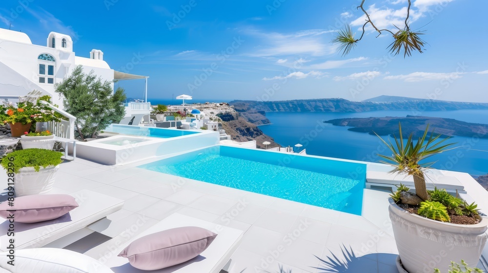 Fototapeta premium Luxurious infinity pool with a stunning view over the ocean, ideal for high-end travel and real estate marketing.