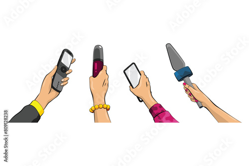 Journalist in pop art comic style, hand hold microphone. Set of voice recorder in hand of reporters. Press conference or interview, mass media news in cartoon vector illustration photo