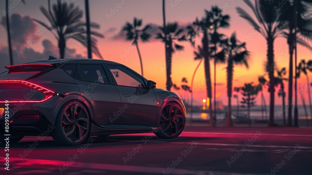 A stylish high-performance car parked on a road near palm trees with sunset colors in the background