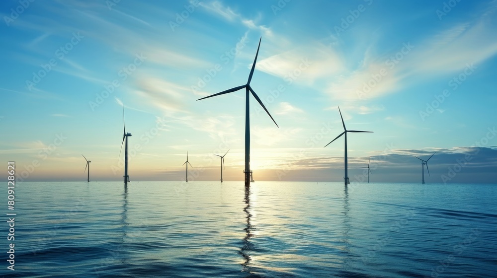 A field of wind turbines with the sun setting in the background