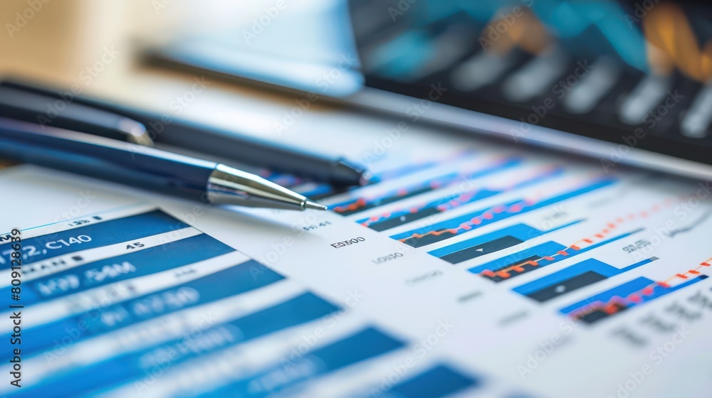 An analytical setup displaying financial charts and data with pens and a tablet, indicating analysis