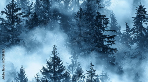 Seamless pattern. Misty blue forest with dense fog, perfect for mysterious or tranquil themes in visual storytelling. © mashimara
