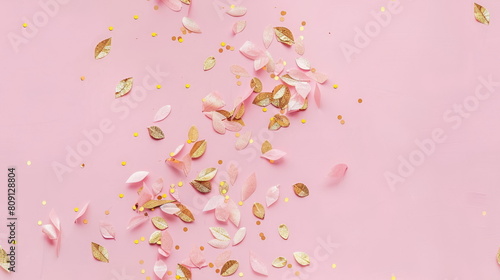 Seamless pattern. Pink background with glittery leaves and golden confetti, ideal for festive and celebration themes.