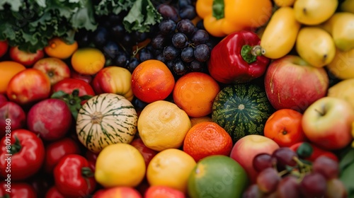 Close-up of diverse fresh fruits and vegetables highlighting textures and colors