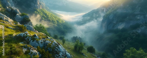 Lush Mountain Gorge Filled with Misty Dawn Fog Serene and Tranquil Natural Landscape Setting with Copy Space description This image depicts a photo