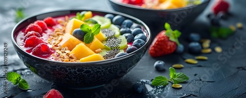 Vibrant and Healthy Smoothie Bowls Topped with Colorful Fruits Nuts and Seeds for a Nourishing Breakfast