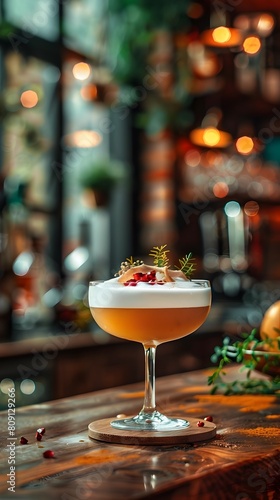 Elegant Craft Cocktail with Exotic Garnish in Sophisticated Bar Setting