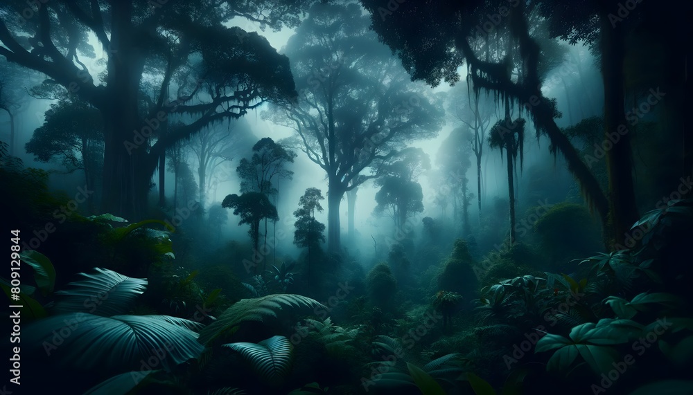 A misty morning envelops a jungle, with light filtering through towering trees and dense foliage, enhancing the serene yet mysterious vibe. A misty morning envelops a jungle, with light filtering through towering trees and dense foliage, enhancing the serene yet mysterious vibe.