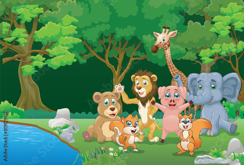Animals in the jungle. Cute cartoon animals in the jungle. Vector Illustration