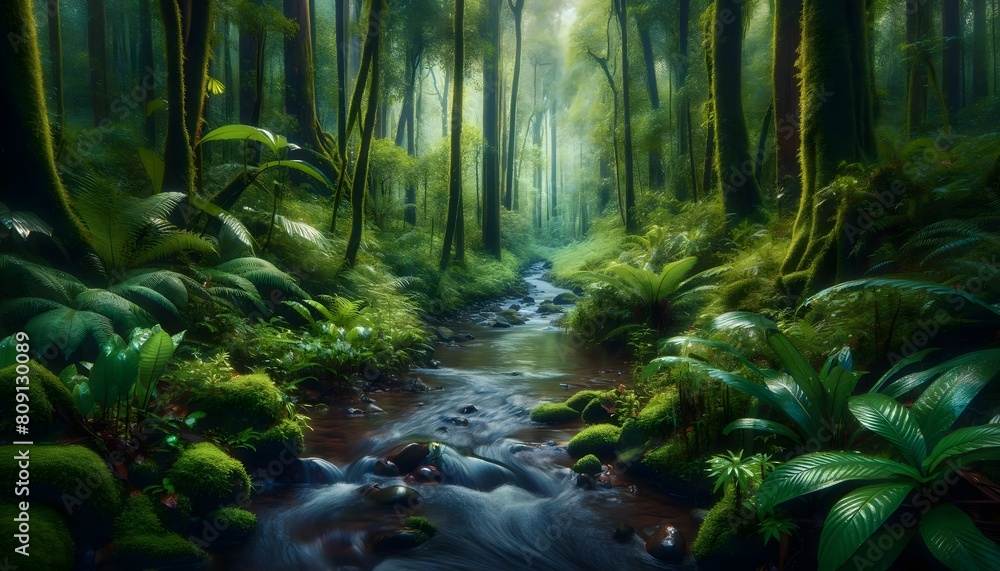 Serene forest creek flowing gently through lush, vibrant greenery, illuminated by soft, dappled sunlight filtering through dense foliage. Serene forest creek flowing gently through lush, vibrant greenery, illuminated by soft, dappled sunlight filtering through dense foliage.
