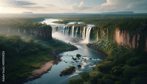 Expansive waterfall flows through a lush jungle setting, reflecting the early morning light. © disamirr