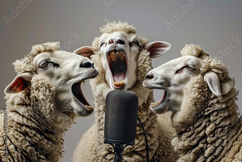 Duo of hysterical sheep laughing with recording microphone photo