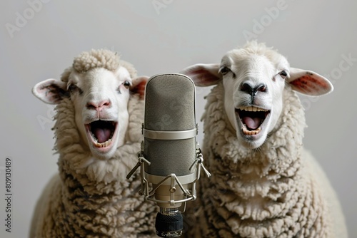 Duo of hysterical sheep laughing with recording microphone