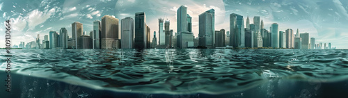 City Underwater, Skyscrapers submerged by rising sea levels, Aquatic takeover of urban landscapes, Dramatic climate impact photo