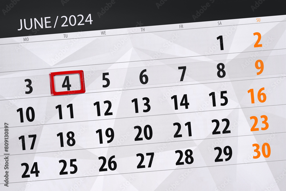 Calendar 2024, deadline, day, month, page, organizer, date, June, tuesday, number 4 Calendar 2024, deadline, day, month, page, organizer, date, June, tuesday, number 4