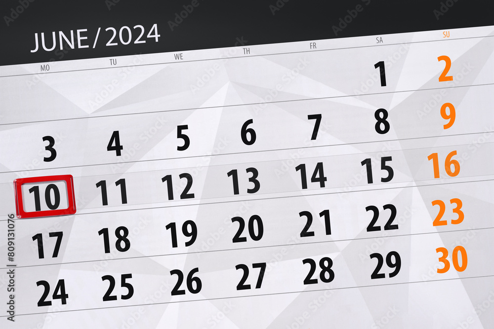 Calendar 2024, deadline, day, month, page, organizer, date, June, monday, number 10 Calendar 2024, deadline, day, month, page, organizer, date, June, monday, number 10