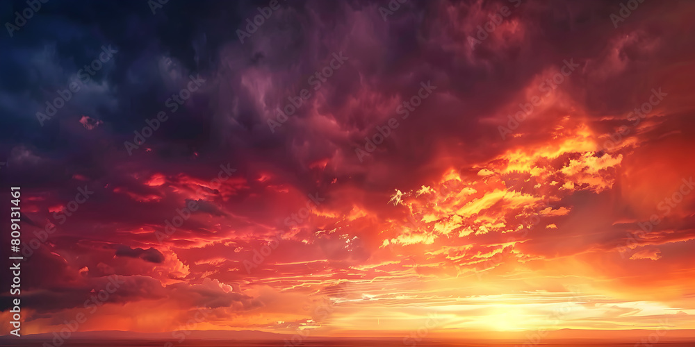 Beautiful sunset sky background. Dramatic sky with glowing clouds. 