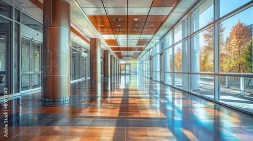 The image presents a sleek  modern corporate hallway with diffused sunlight casting geometric shadows across the tiled floor