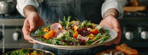 The chef makes a presentation of the dish to be served. Selective focus.