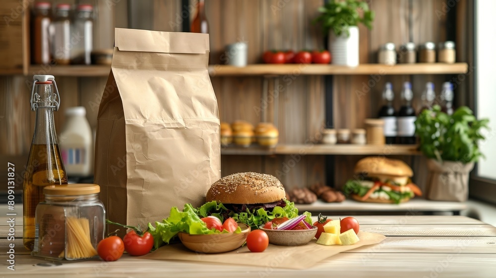 Hamburger and shopping bag in the kitchen