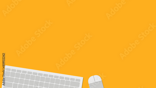Vector Flat lay mouse and keyboard, yellow background, space for text