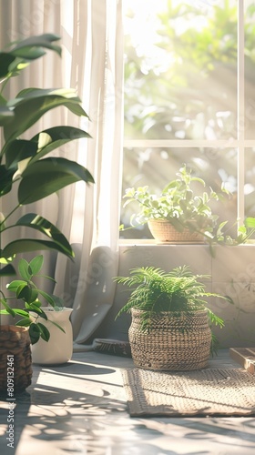 Vertical image of a plant in pot with window view.   © Aris Suwanmalee