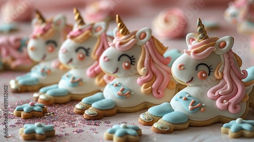 Fancy cookies bake intricate decorated cookies in whimsical shapes like unicorns, flowers AI generated
