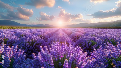 Fields of blue lavender blossoming in a peaceful summer farmland photo