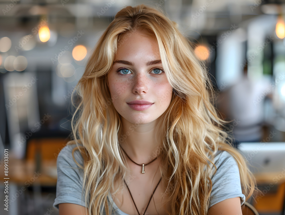 A beautiful young business woman with long blonde hair and blue eyes. The background is blurred.