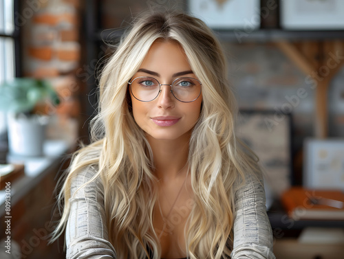 A beautiful young business woman with long blonde hair and blue eyes. The background is blurred.