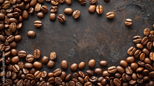 An aromatic brown coffee bean scattered on a surface in a top view
