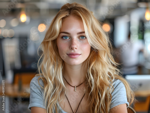A beautiful young business woman with long blonde hair and blue eyes. The background is blurred.