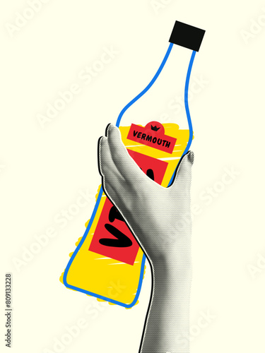 Vector sticker in retro collage style. A woman's hand with a halftone effect holds a bottle of alcohol.