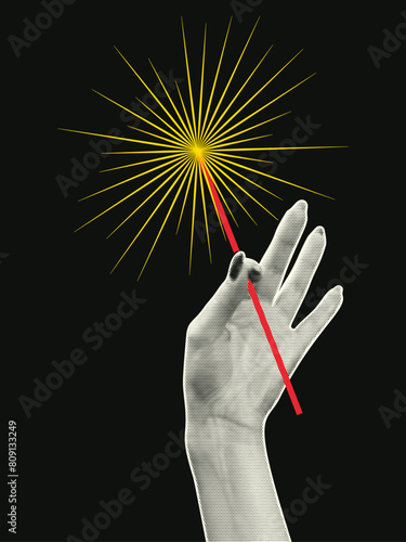 Trendy festive retro collage. A woman's hand with a halftone effect holds a sparkler.