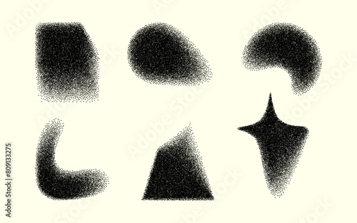 Abstract blurry shapes in black with soft edges with noise effect. Various silhouette shapes with dot blur effect, modern set of vector graphic elements.