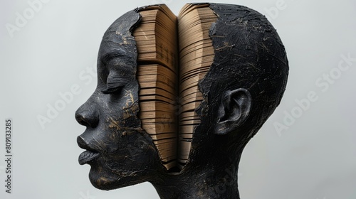 White background with black book and half-open pages inside a human head