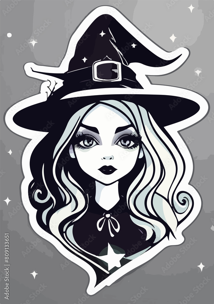 A black and white image of a charming Gothic witch with long flowing hair and mesmerizing eyes in a mystical black hat, surrounded by sparkling stars and a heavenly aura A black and white image of a charming Gothic witch with long flowing hair and mesmerizing eyes in a mystical black hat, surrounded by sparkling stars and a heavenly aura