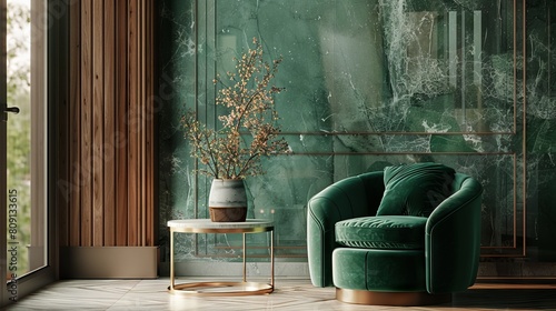eautiful luxury classic blue green clean interior room in classic style with green soft armchair. Vintage antique blue-green chair standing beside emerald wall. Minimalist home photo