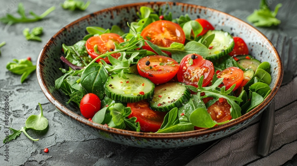 Above gray table, a high angle of ceramic bowl with sliced cucumber and tomato and cutlery is arranged over a tasty salad and vegetables.