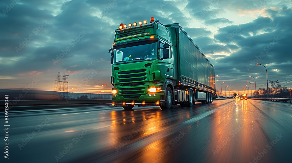 Trucking. Semi-truck driving on a highway at sunset
Trucking. Semi-truck driving on a highway at sunset