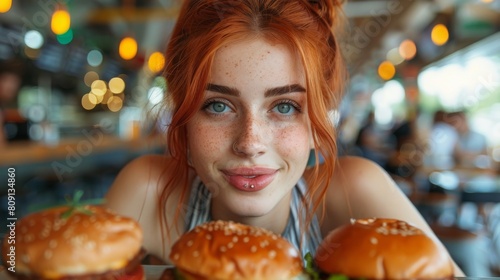 Young woman with red hair and piercings looks at camera while eating hamburger in restaurant while lying down on a table