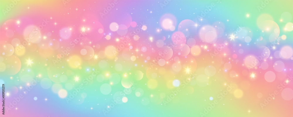 Rainbow unicorn background. Pastel sky with glitter and stars. Colored magic galaxy. Cute vector purple space with fairy sparkles and bokeh. Gradient space illustration.